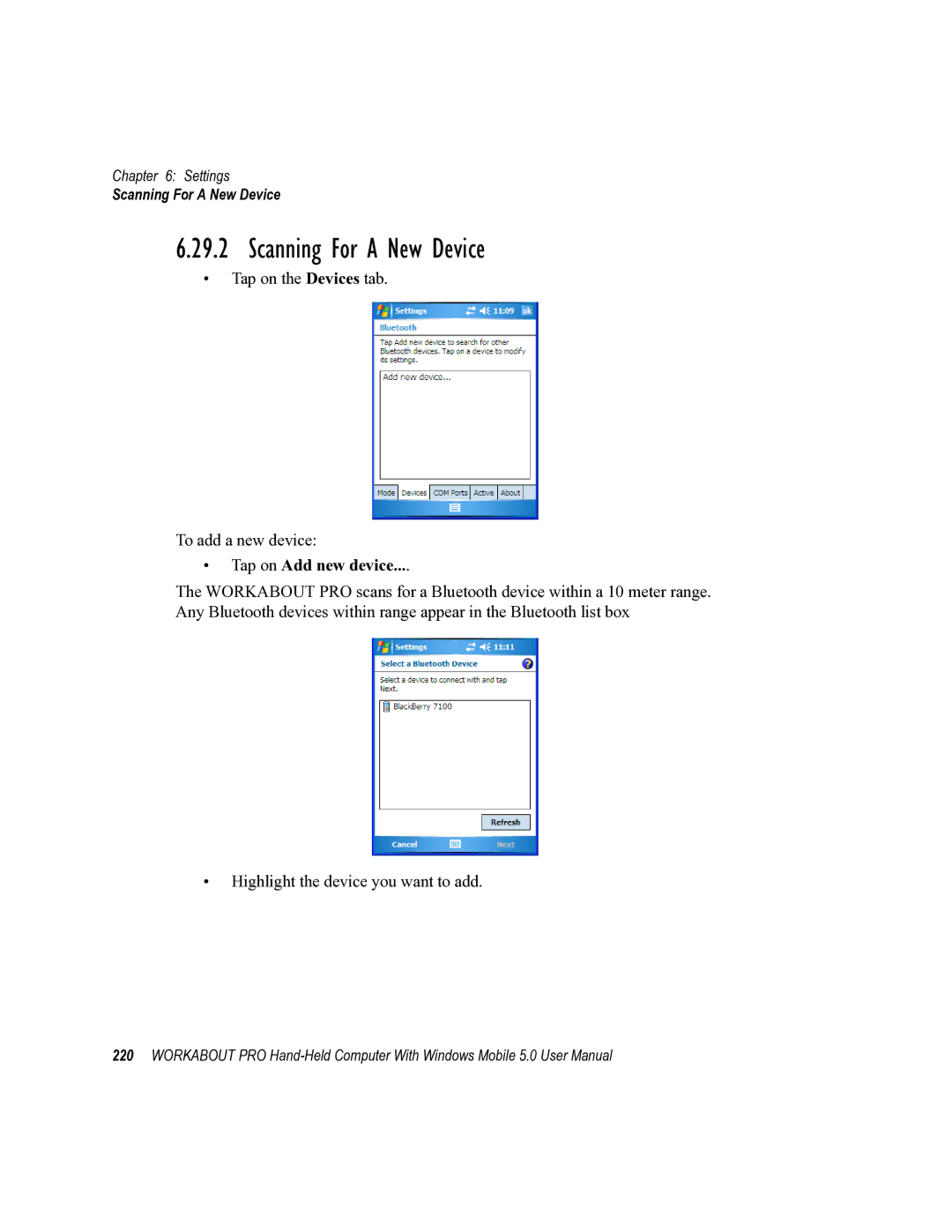 Psion Teklogix 8100107B user manual Scanning For a New Device, Tap on Add new device 