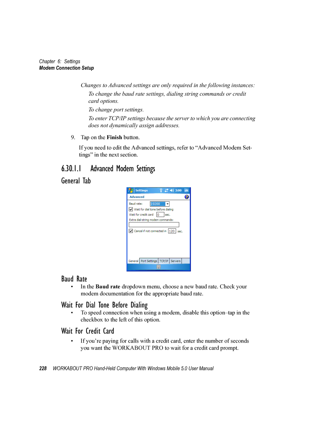 Psion Teklogix 8100107B user manual Advanced Modem Settings, General Tab Baud Rate, Wait For Dial Tone Before Dialing 