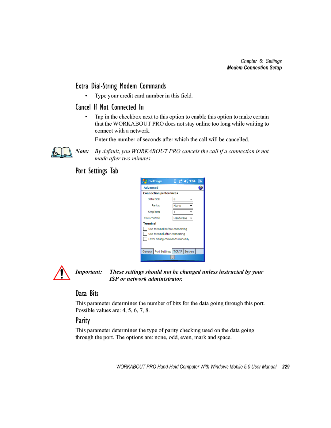 Psion Teklogix 8100107B user manual Extra Dial-String Modem Commands, Cancel If Not Connected, Port Settings Tab 