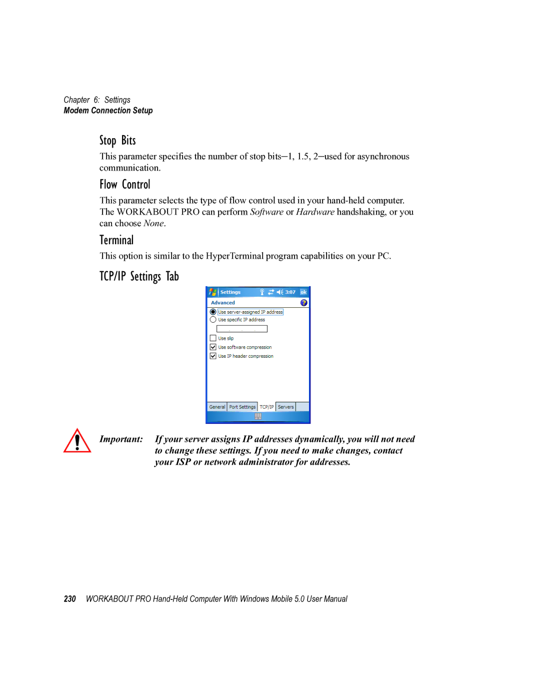 Psion Teklogix 8100107B user manual Stop Bits, Flow Control, Terminal, TCP/IP Settings Tab 