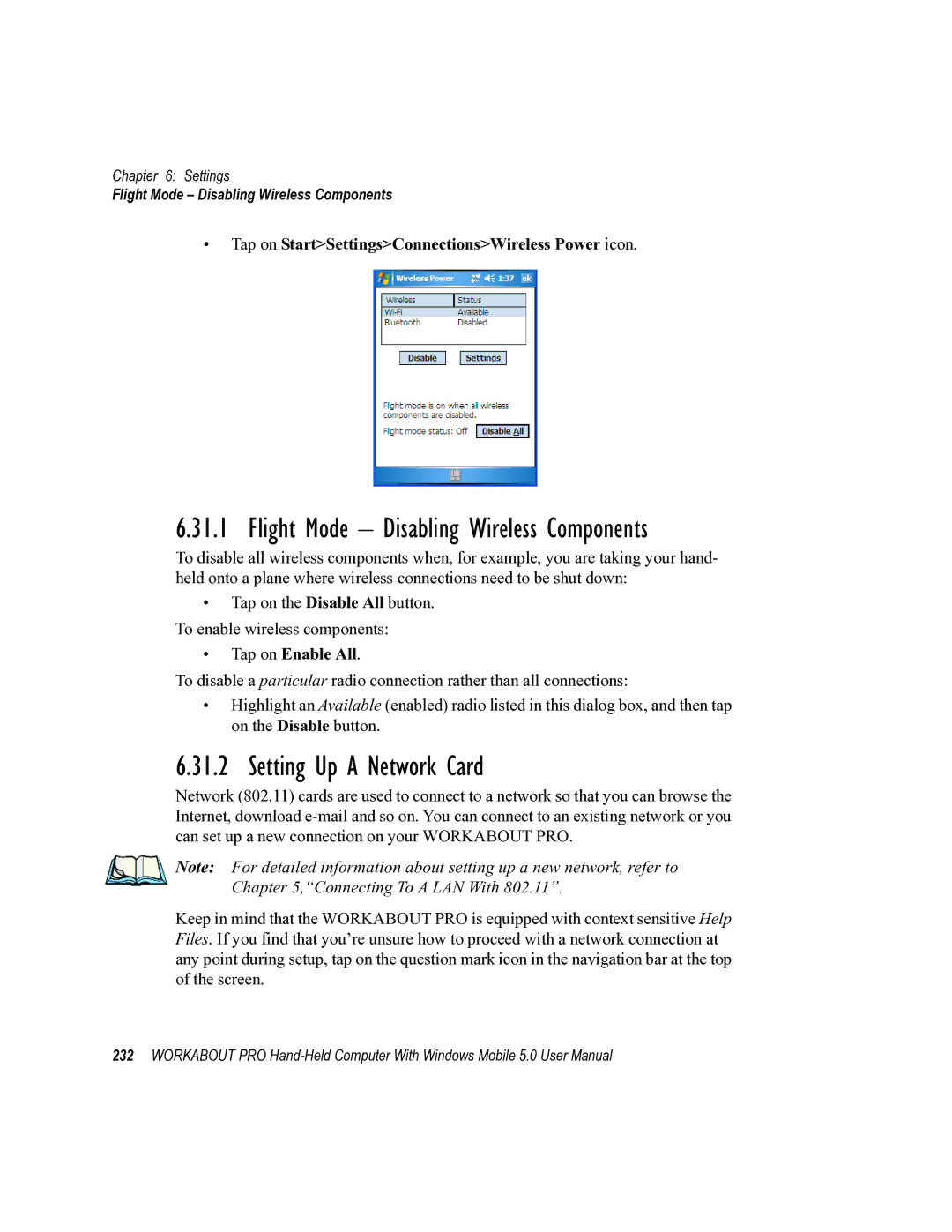 Psion Teklogix 8100107B user manual Setting Up a Network Card, Flight Mode Disabling Wireless Components, Tap on Enable All 