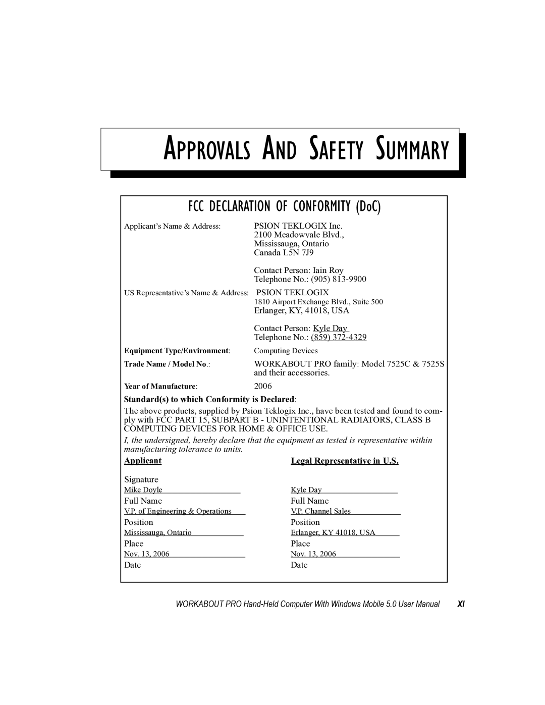 Psion Teklogix 8100107B user manual Approvals and Safety Summary, FCC Declaration of Conformity DoC 