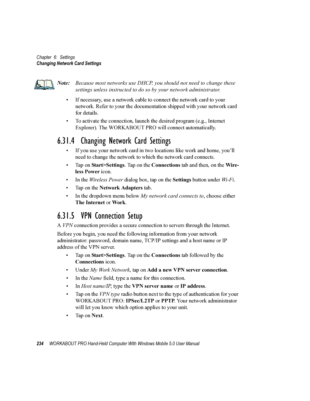 Psion Teklogix 8100107B user manual Changing Network Card Settings, VPN Connection Setup 