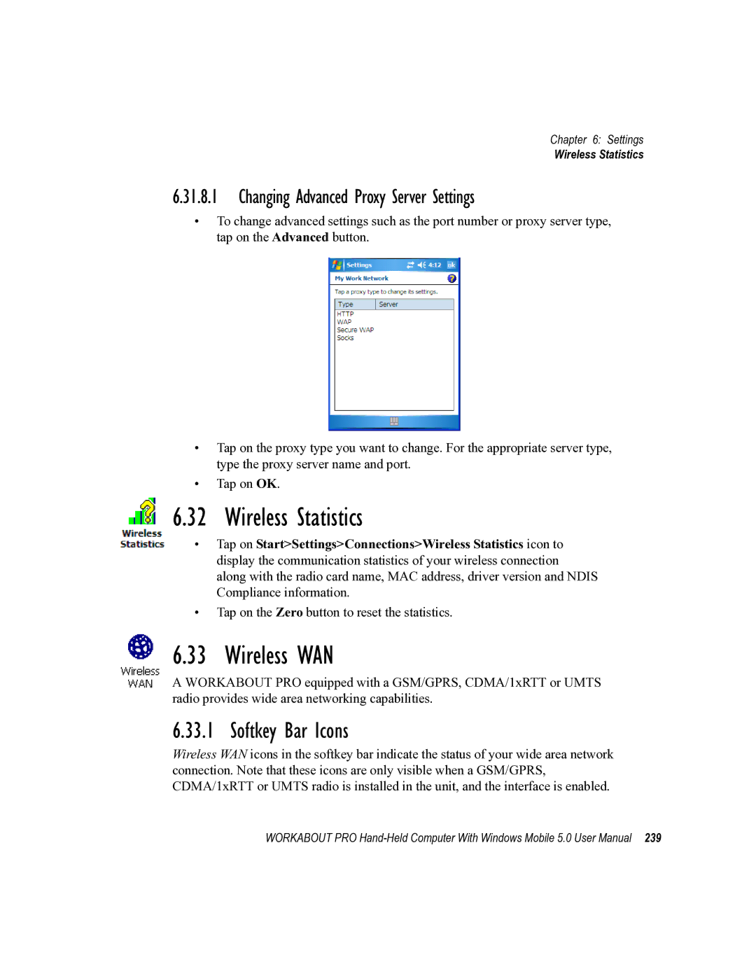 Psion Teklogix 8100107B Wireless Statistics, Wireless WAN, Softkey Bar Icons, Changing Advanced Proxy Server Settings 