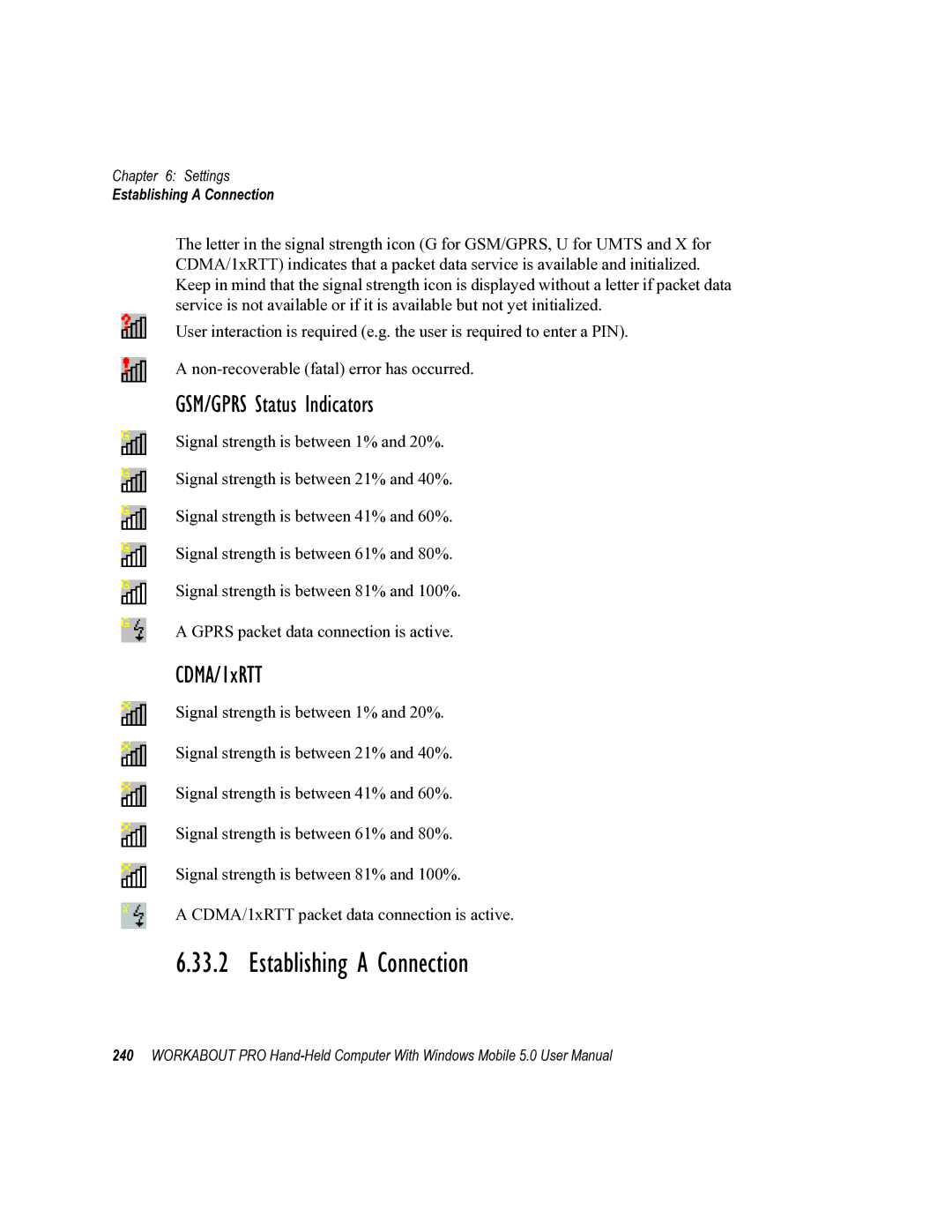 Psion Teklogix 8100107B user manual Establishing a Connection, GSM/GPRS Status Indicators, CDMA/1xRTT 