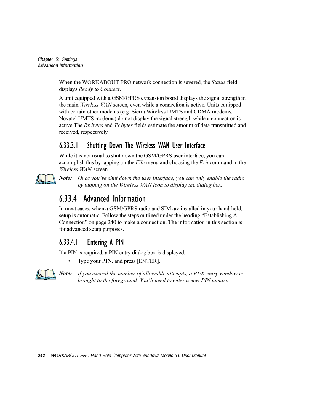 Psion Teklogix 8100107B user manual Advanced Information, Shutting Down The Wireless WAN User Interface, Entering a PIN 