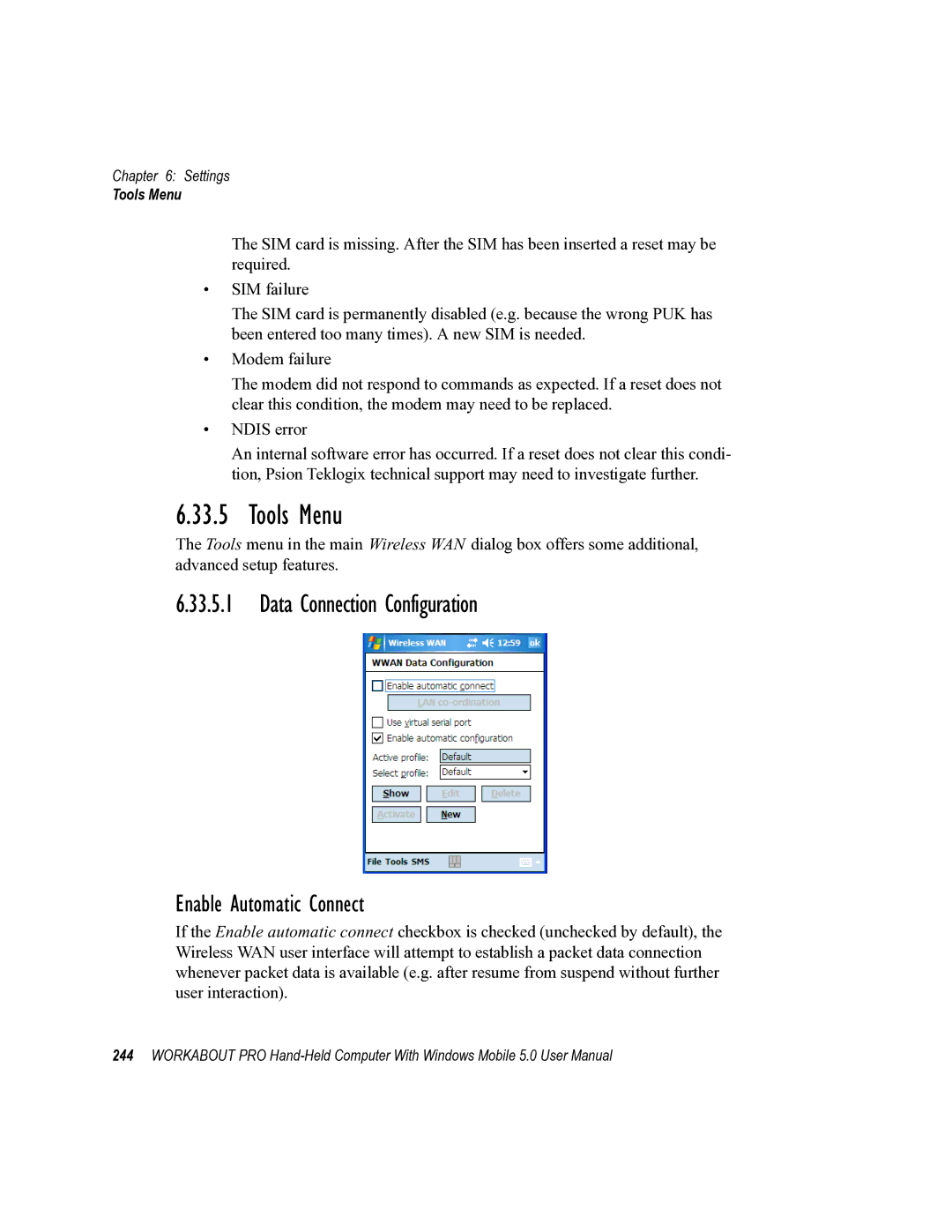 Psion Teklogix 8100107B user manual Tools Menu, Data Connection Configuration, Enable Automatic Connect 