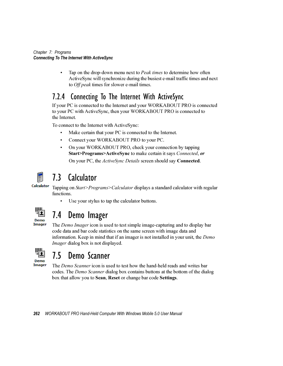 Psion Teklogix 8100107B user manual Calculator, Demo Imager, Demo Scanner, Connecting To The Internet With ActiveSync 