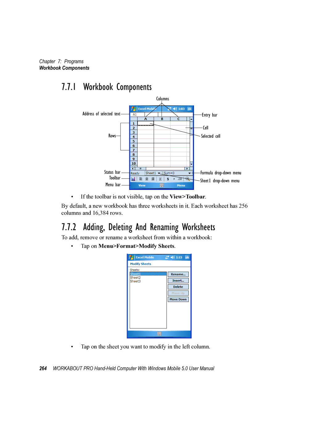 Psion Teklogix 8100107B Adding, Deleting And Renaming Worksheets, Workbook Components, Tap on MenuFormatModify Sheets 