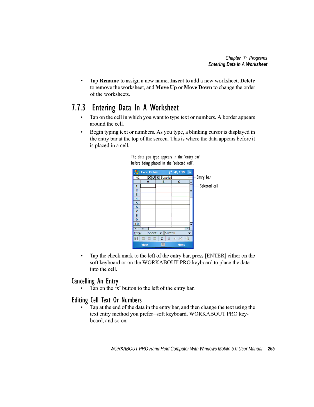 Psion Teklogix 8100107B user manual Entering Data In a Worksheet, Cancelling An Entry, Editing Cell Text Or Numbers 