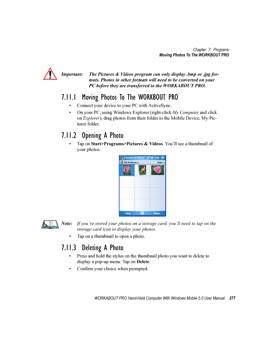 Psion Teklogix 8100107B user manual Moving Photos To The Workbout PRO, Opening a Photo, Deleting a Photo 