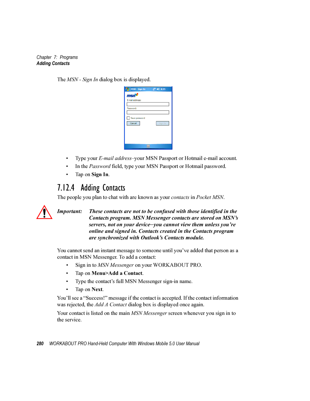 Psion Teklogix 8100107B user manual Adding Contacts, Tap on MenuAdd a Contact 