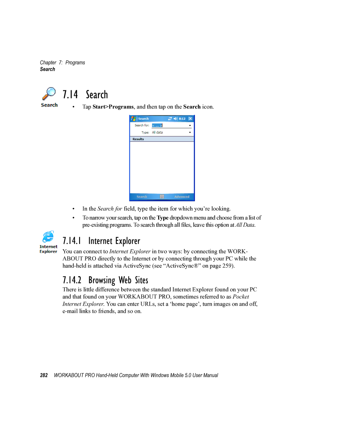 Psion Teklogix 8100107B user manual Search, Internet Explorer, Browsing Web Sites 