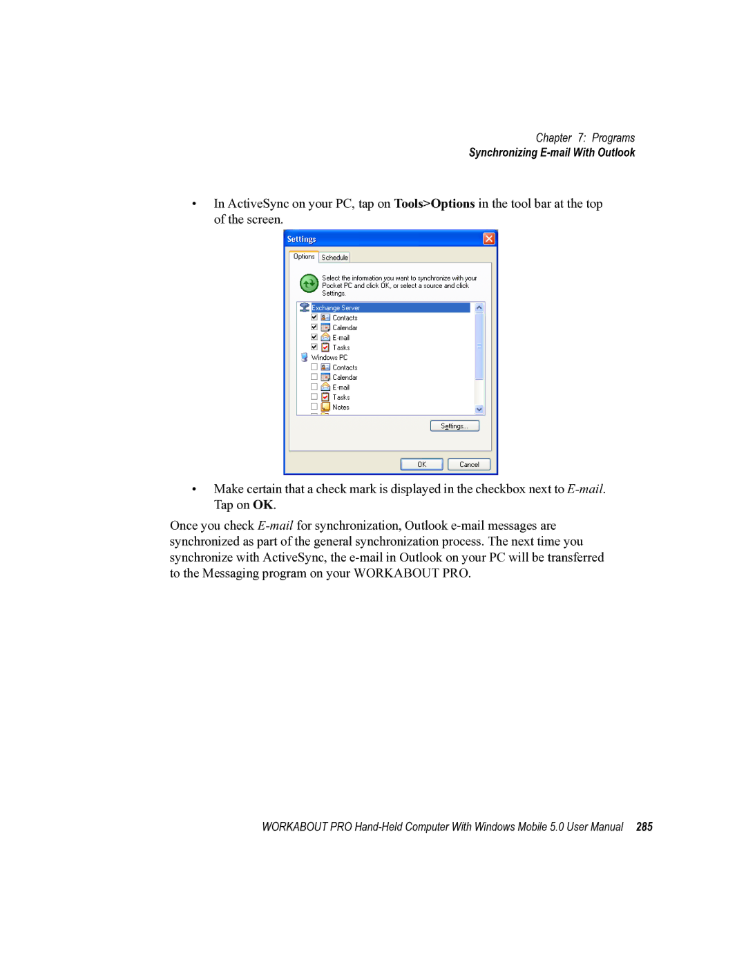 Psion Teklogix 8100107B user manual Synchronizing E-mail With Outlook 