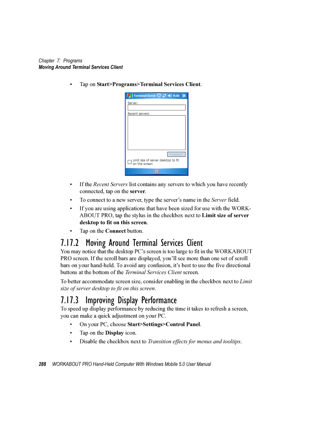 Psion Teklogix 8100107B user manual Moving Around Terminal Services Client, Improving Display Performance 