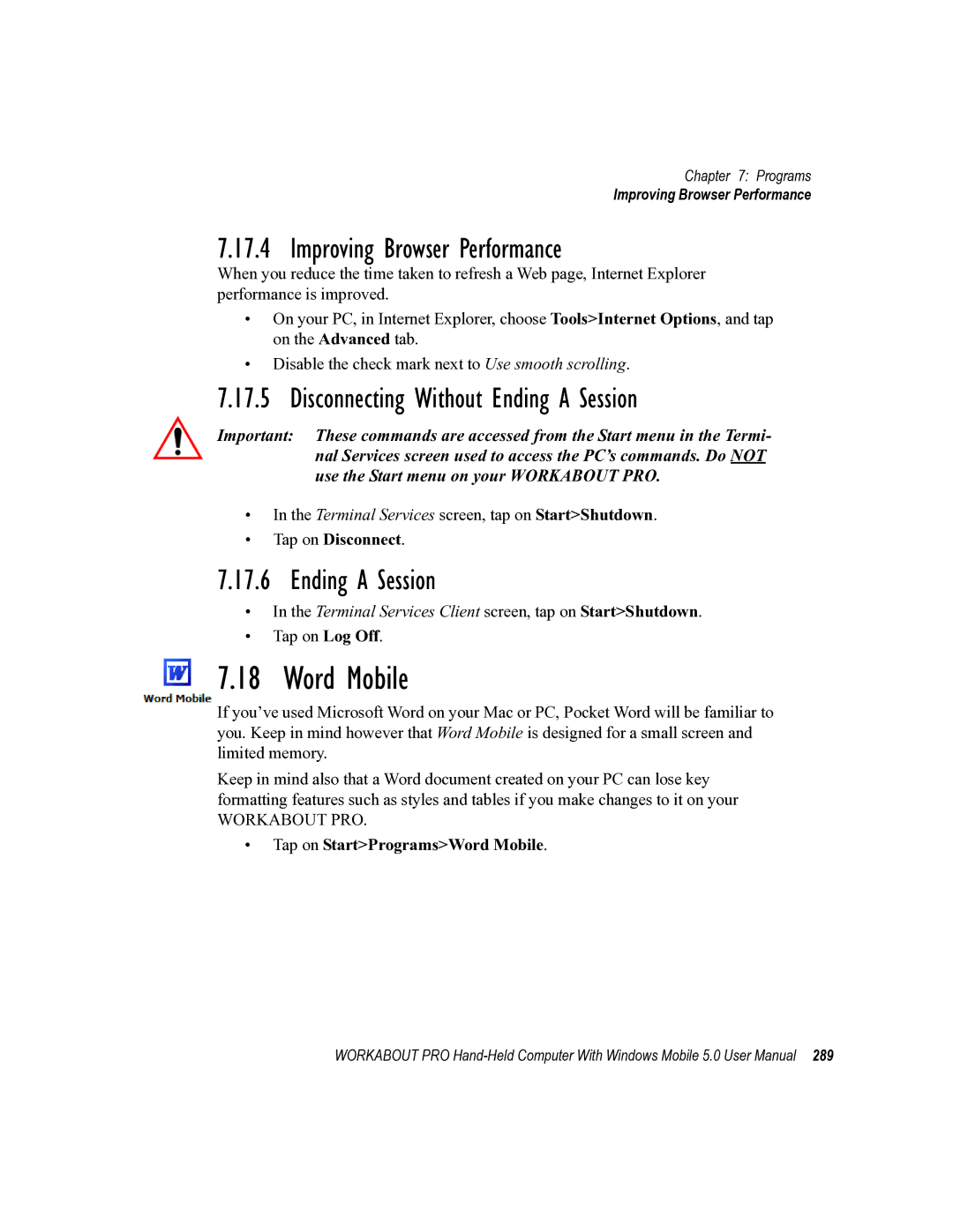 Psion Teklogix 8100107B user manual Word Mobile, Improving Browser Performance, Disconnecting Without Ending a Session 