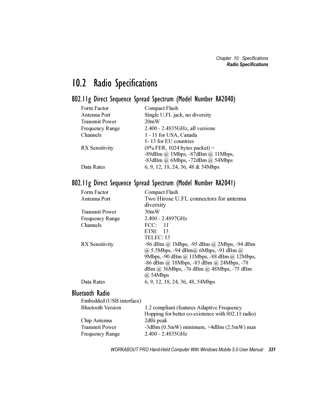 Psion Teklogix 8100107B user manual Radio Specifications, Bluetooth Radio 