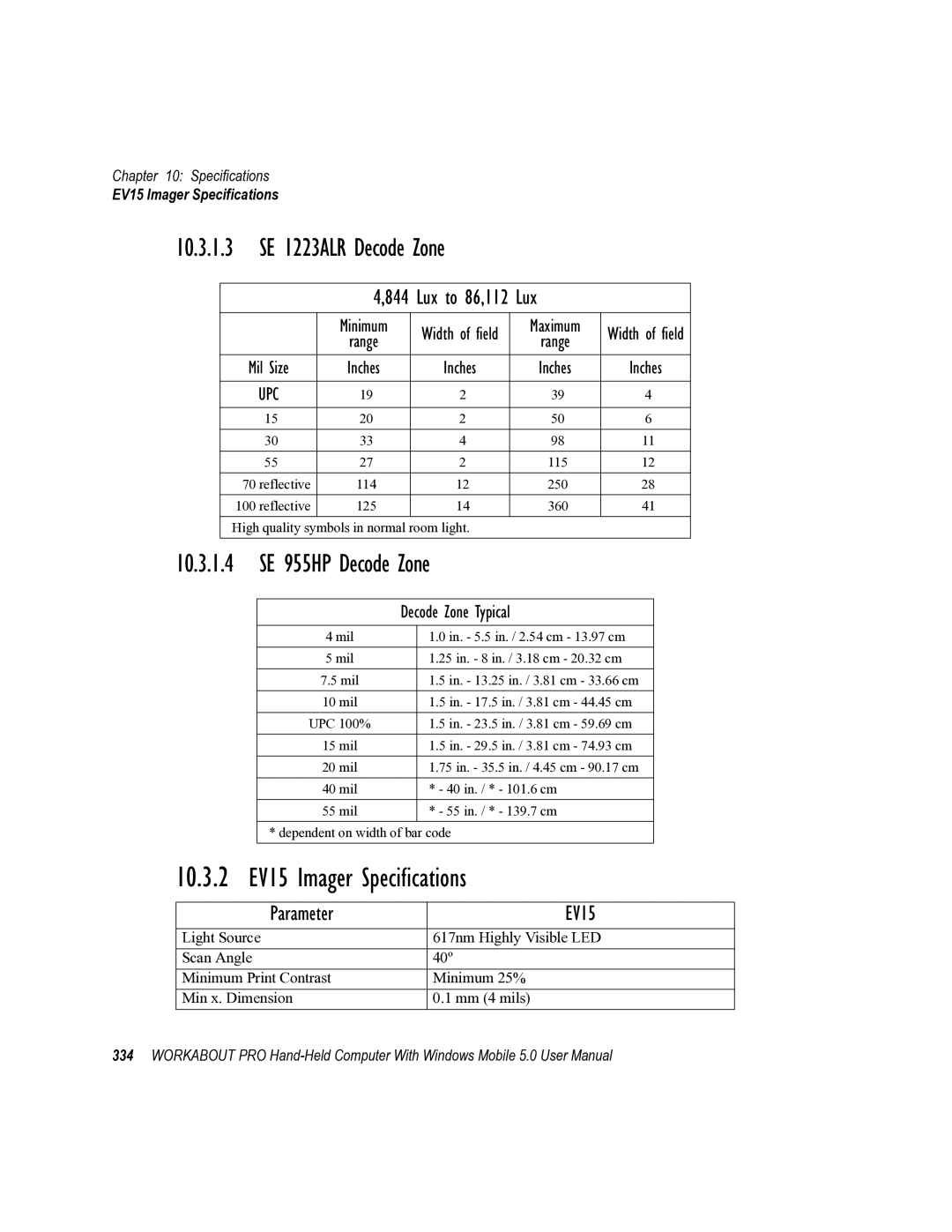 Psion Teklogix 8100107B user manual 10.3.2 EV15 Imager Specifications, SE 955HP Decode Zone 