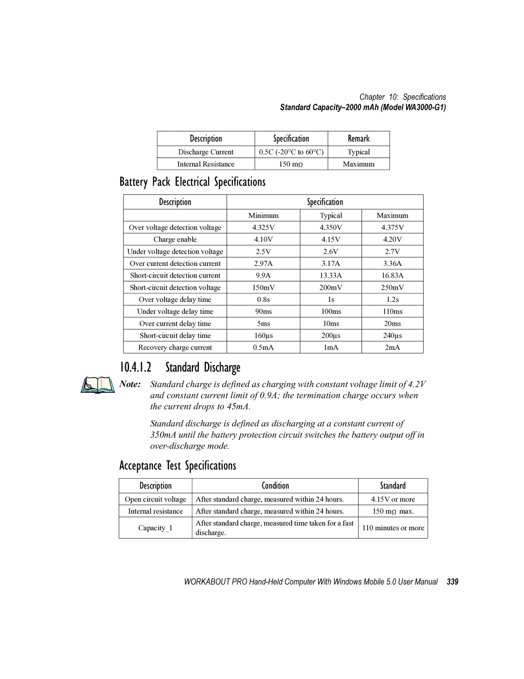 Psion Teklogix 8100107B user manual Standard Discharge, Acceptance Test Specifications 