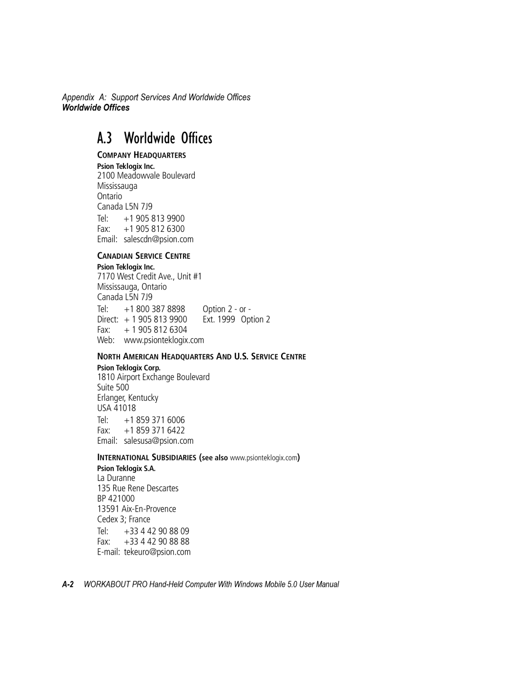 Psion Teklogix 8100107B user manual Worldwide Offices 