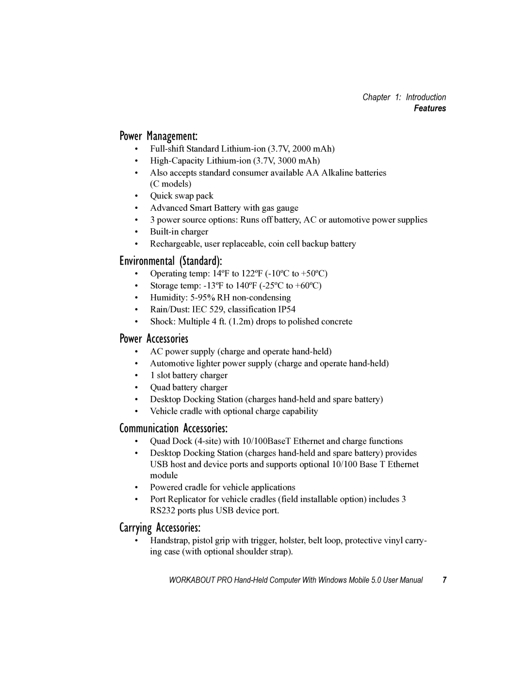 Psion Teklogix 8100107B user manual Power Management, Environmental Standard, Power Accessories, Communication Accessories 