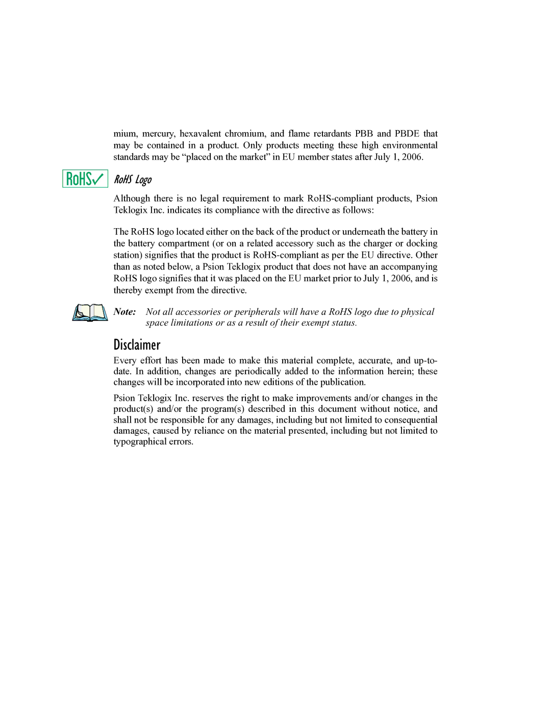 Psion Teklogix 8100107B user manual Disclaimer, RoHS Logo 