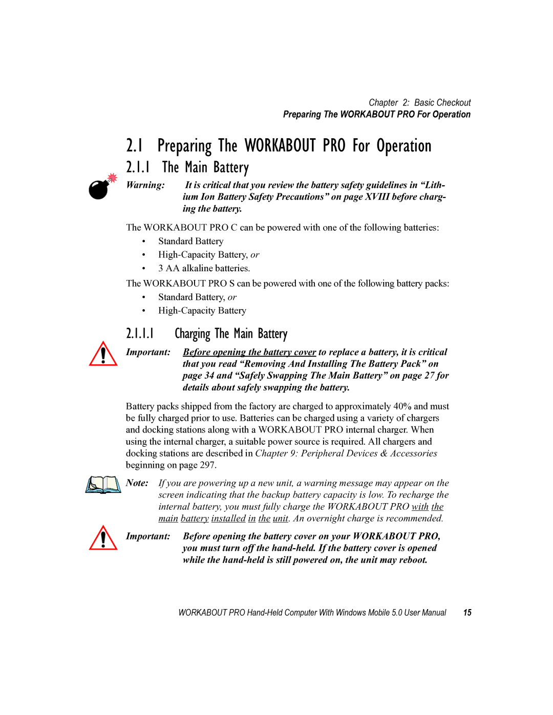 Psion Teklogix 8100107B user manual Preparing The Workabout PRO For Operation, Charging The Main Battery 