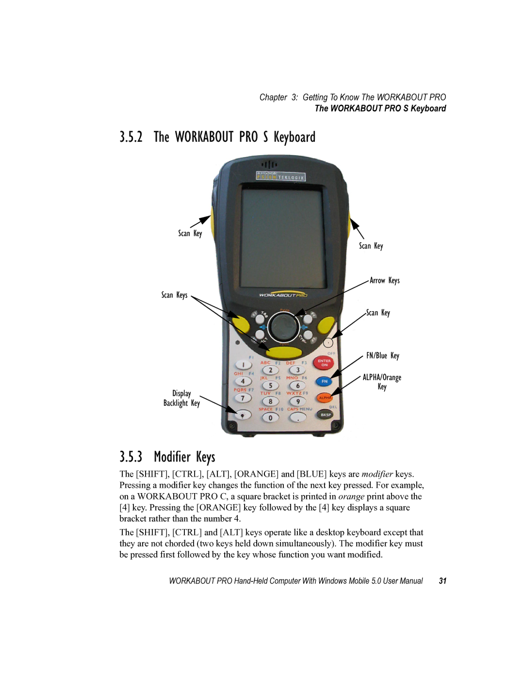 Psion Teklogix 8100107B user manual Workabout PRO S Keyboard, Modifier Keys 