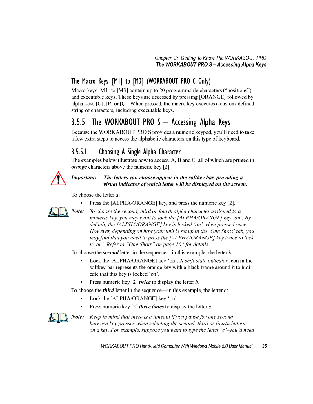 Psion Teklogix 8100107B user manual Choosing a Single Alpha Character, Macro Keys-M1 to M3 Workabout PRO C Only 