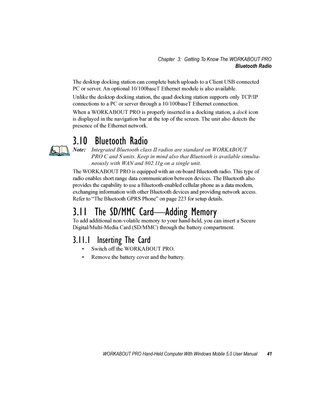 Psion Teklogix 8100107B user manual Bluetooth Radio, SD/MMC Card-Adding Memory, Inserting The Card 