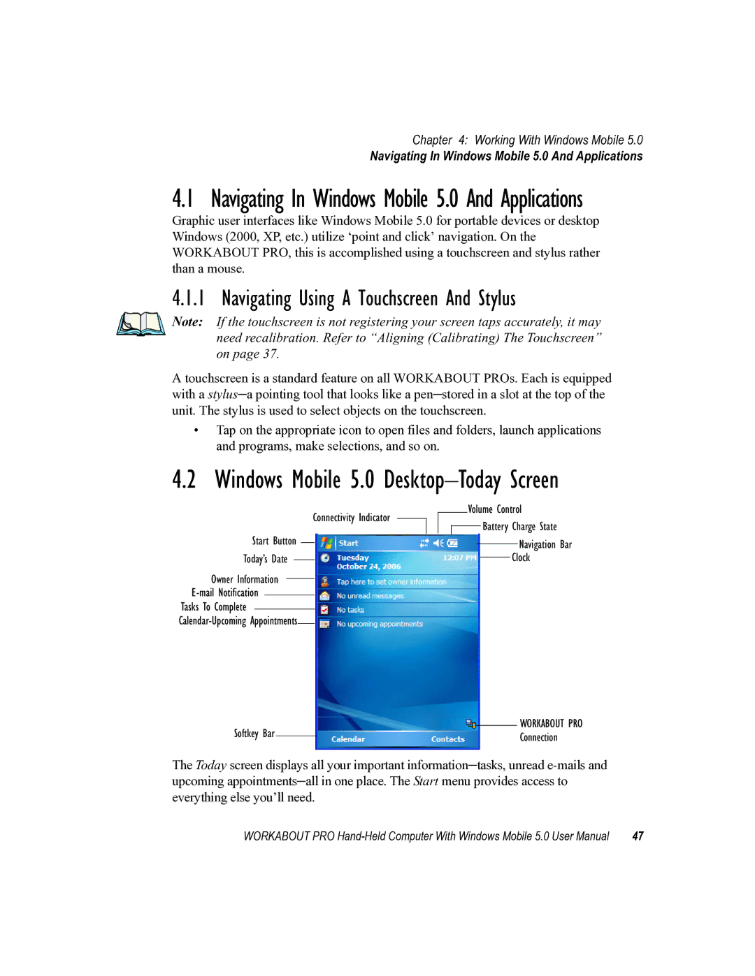 Psion Teklogix 8100107B Navigating Using a Touchscreen And Stylus, Navigating In Windows Mobile 5.0 And Applications 