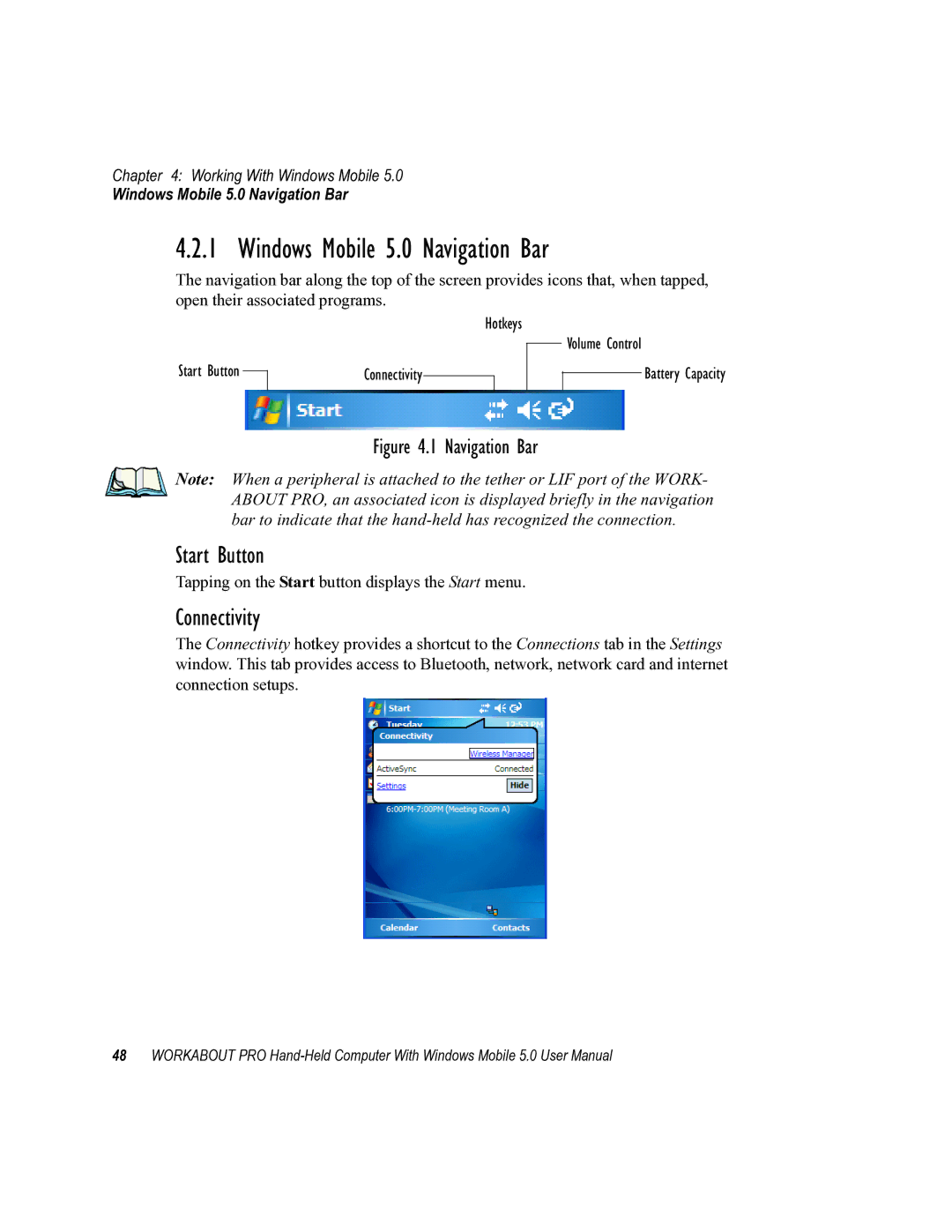 Psion Teklogix 8100107B user manual Windows Mobile 5.0 Navigation Bar, Start Button, Connectivity 