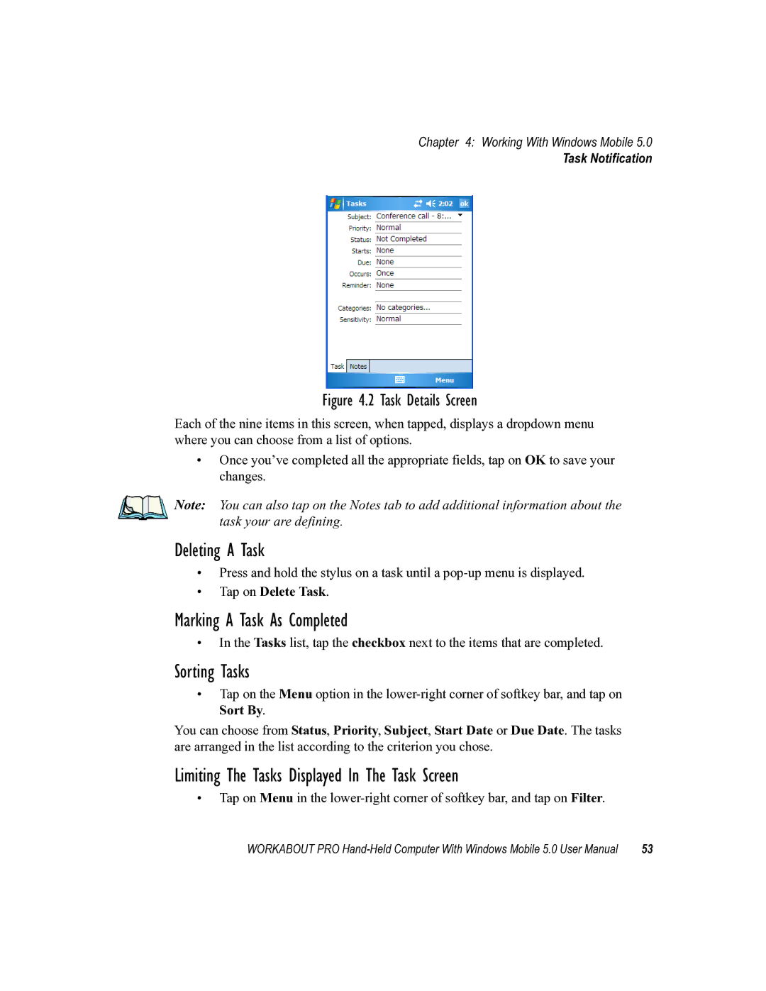 Psion Teklogix 8100107B user manual Deleting a Task, Marking a Task As Completed, Sorting Tasks, Tap on Delete Task 