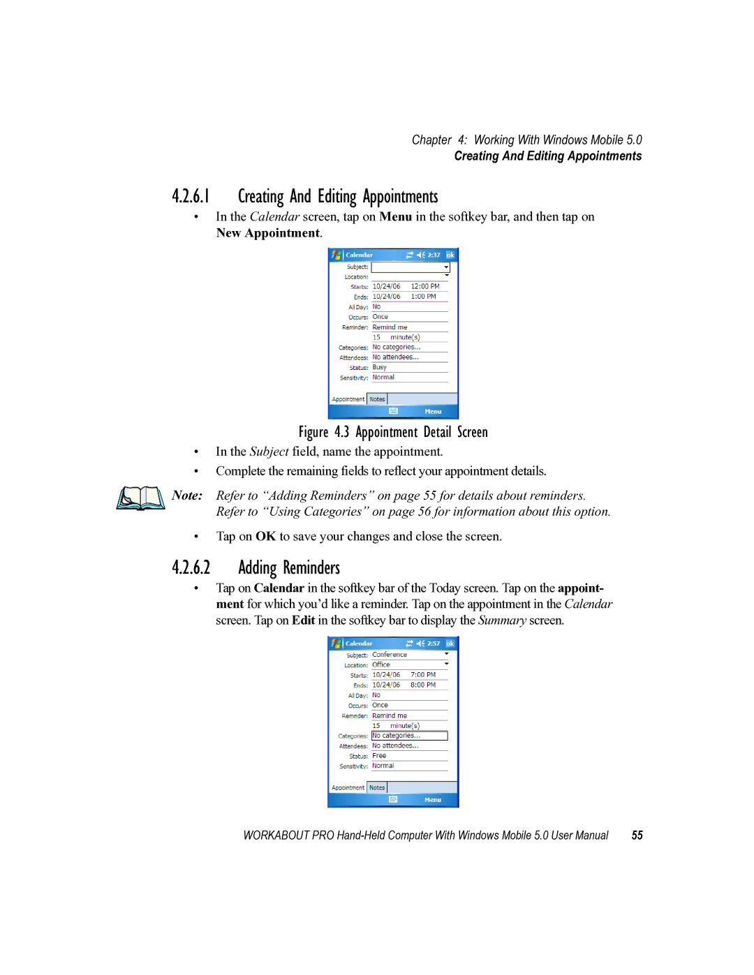 Psion Teklogix 8100107B user manual Creating And Editing Appointments, Adding Reminders 