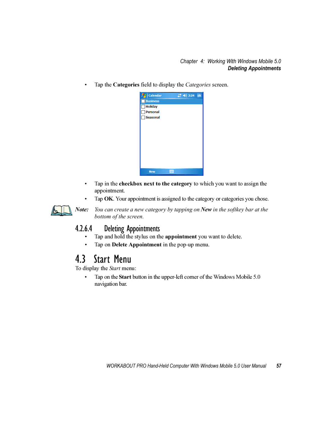 Psion Teklogix 8100107B user manual Start Menu, Deleting Appointments 