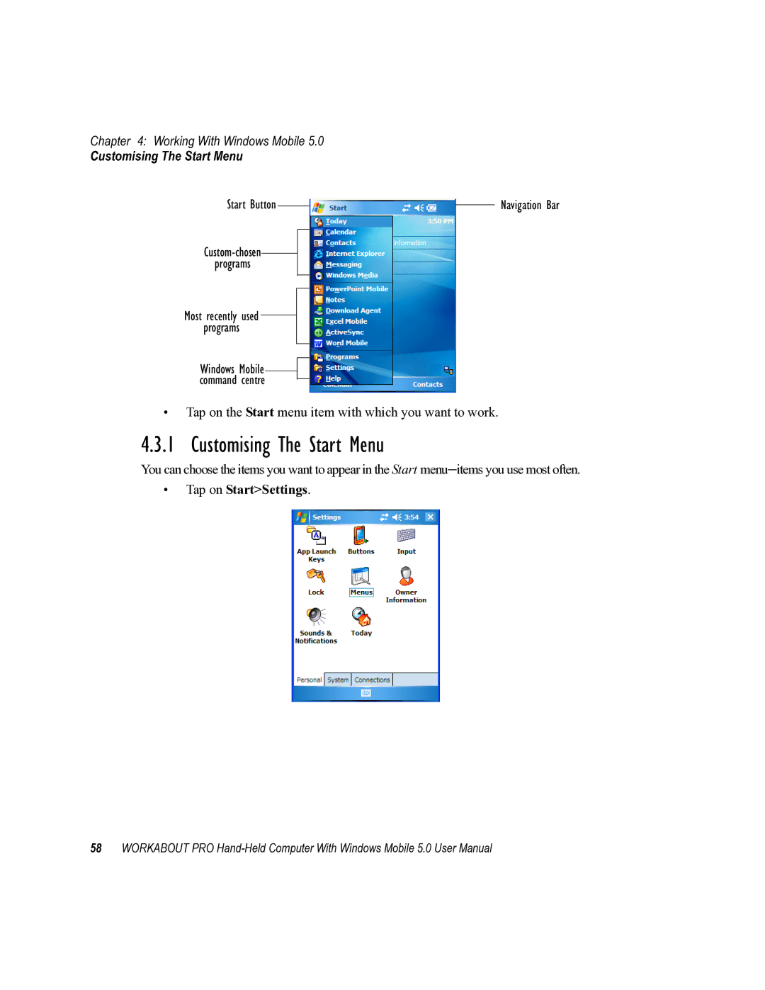 Psion Teklogix 8100107B user manual Customising The Start Menu, Tap on StartSettings 