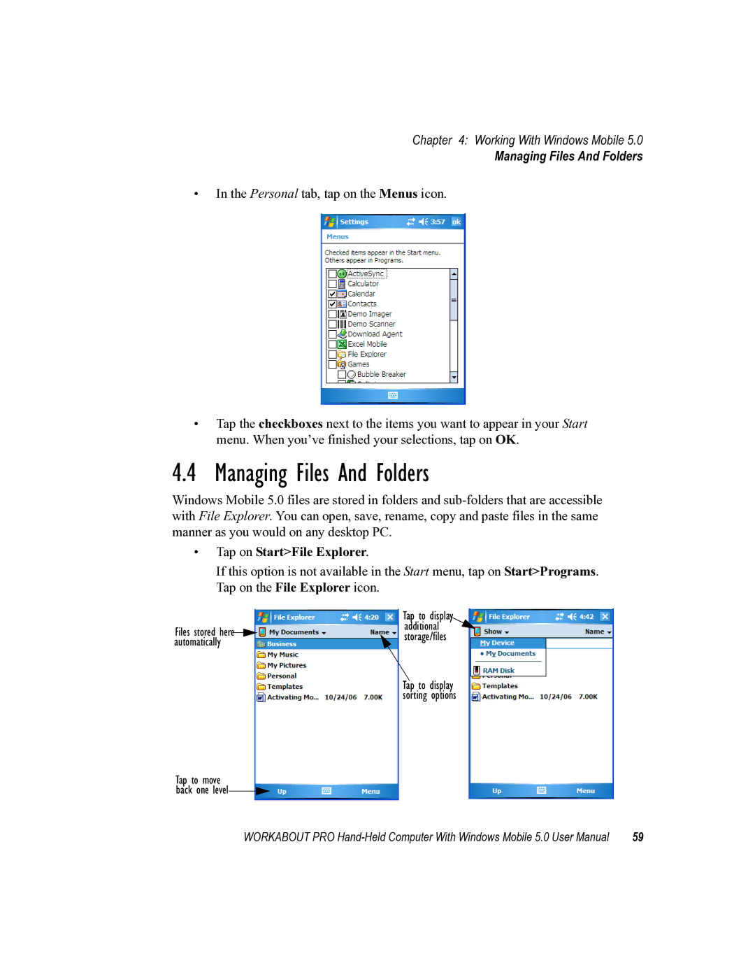 Psion Teklogix 8100107B user manual Managing Files And Folders, Tap on StartFile Explorer 