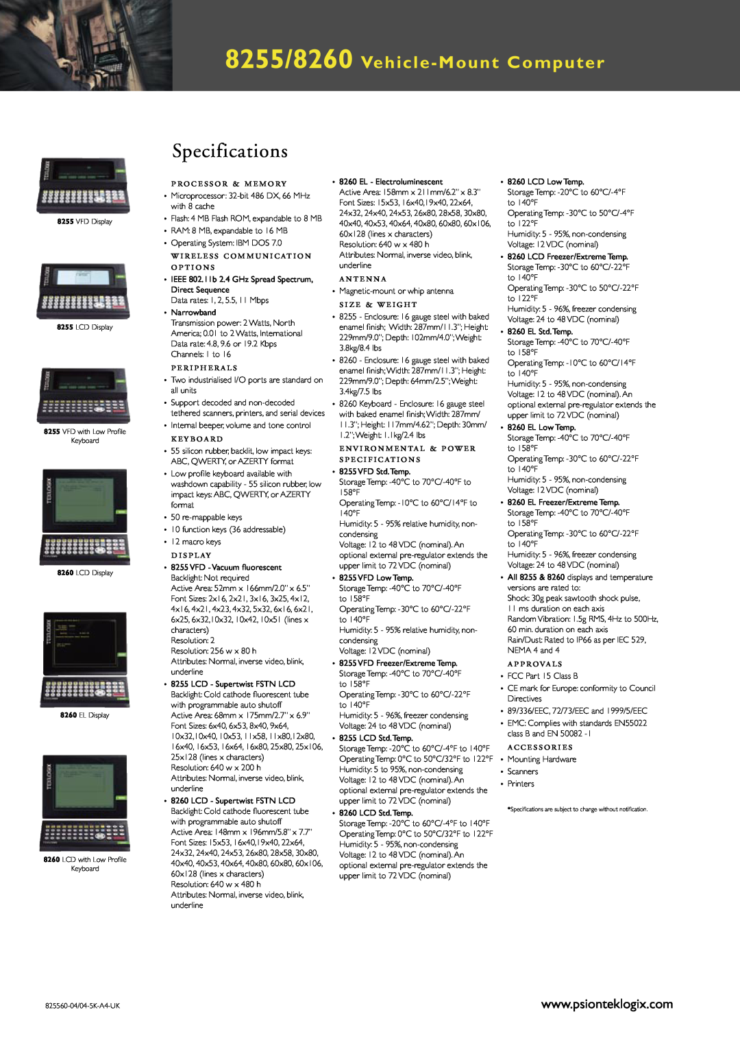 Psion Teklogix manual Specifications, 8255/8260 Vehicle-Mount Computer 