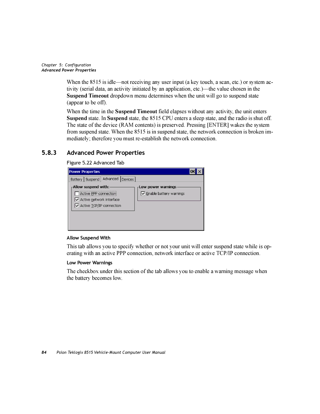 Psion Teklogix 8515 user manual Advanced Power Properties, Advanced Tab 