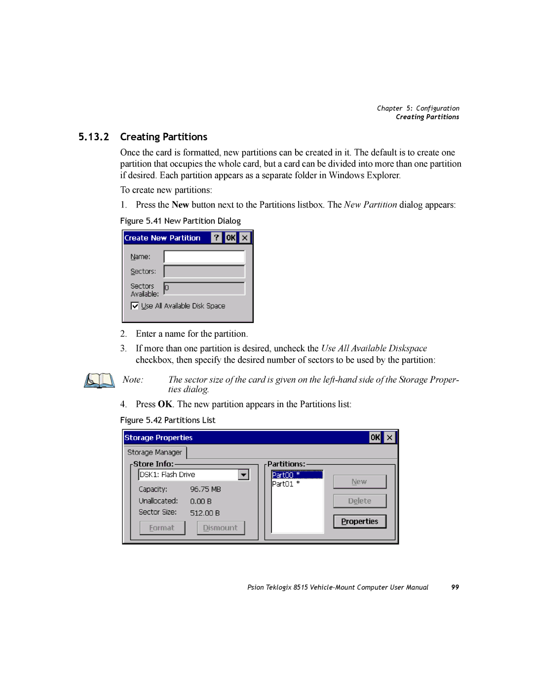 Psion Teklogix 8515 user manual Creating Partitions, Ties dialog 