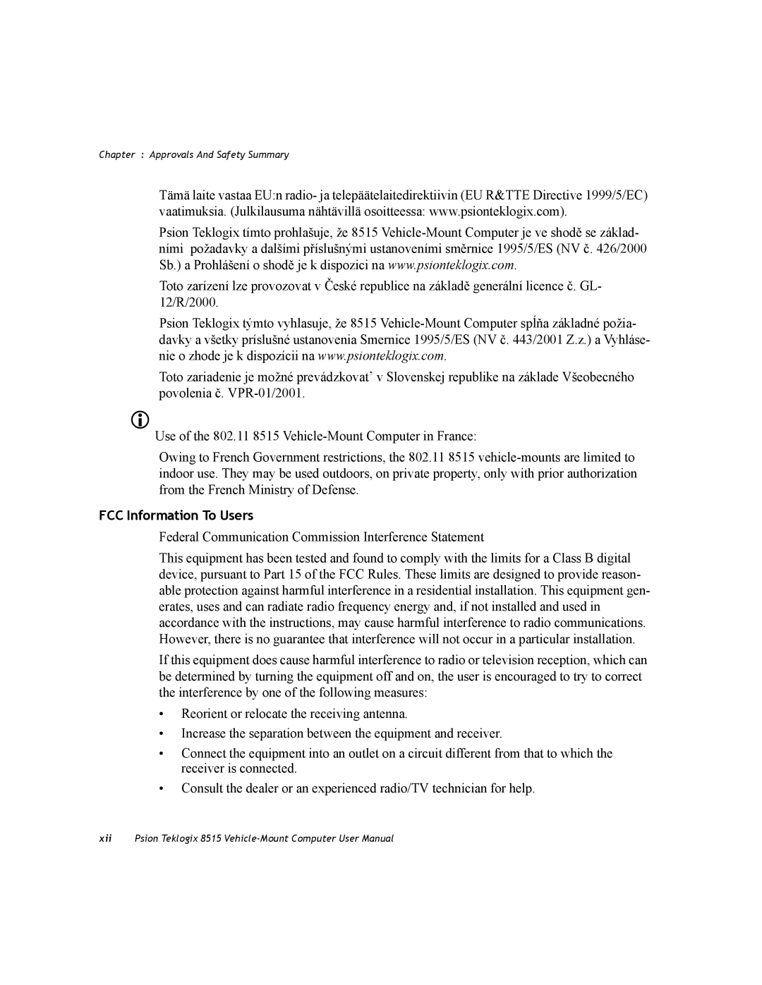 Psion Teklogix 8515 user manual FCC Information To Users 