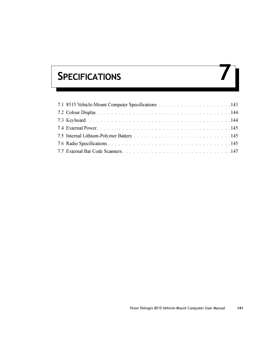 Psion Teklogix 8515 user manual Specifications 