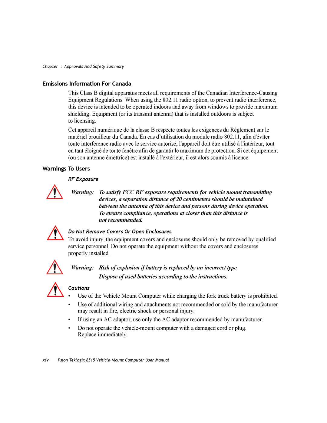 Psion Teklogix 8515 user manual Emissions Information For Canada 