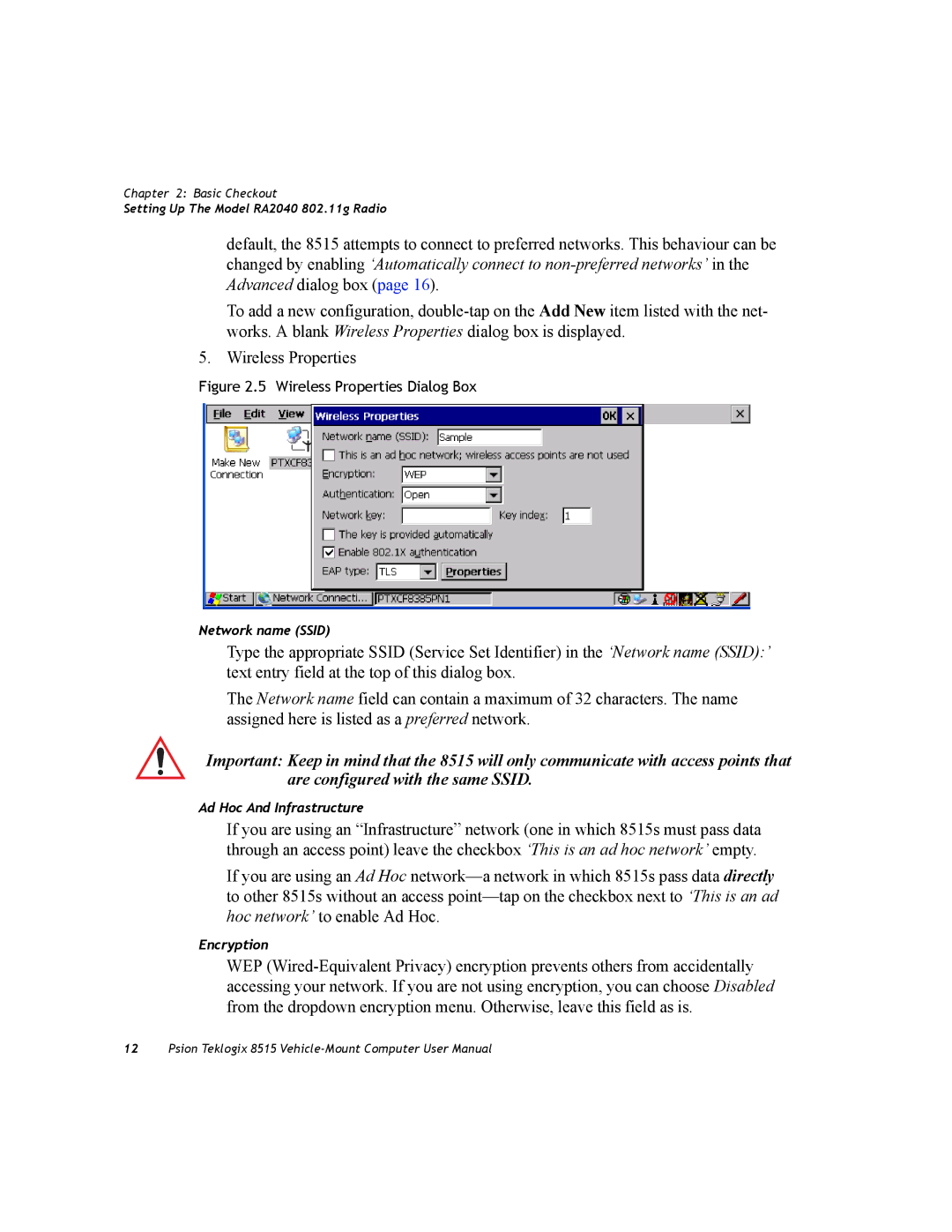 Psion Teklogix 8515 user manual Wireless Properties Dialog Box 