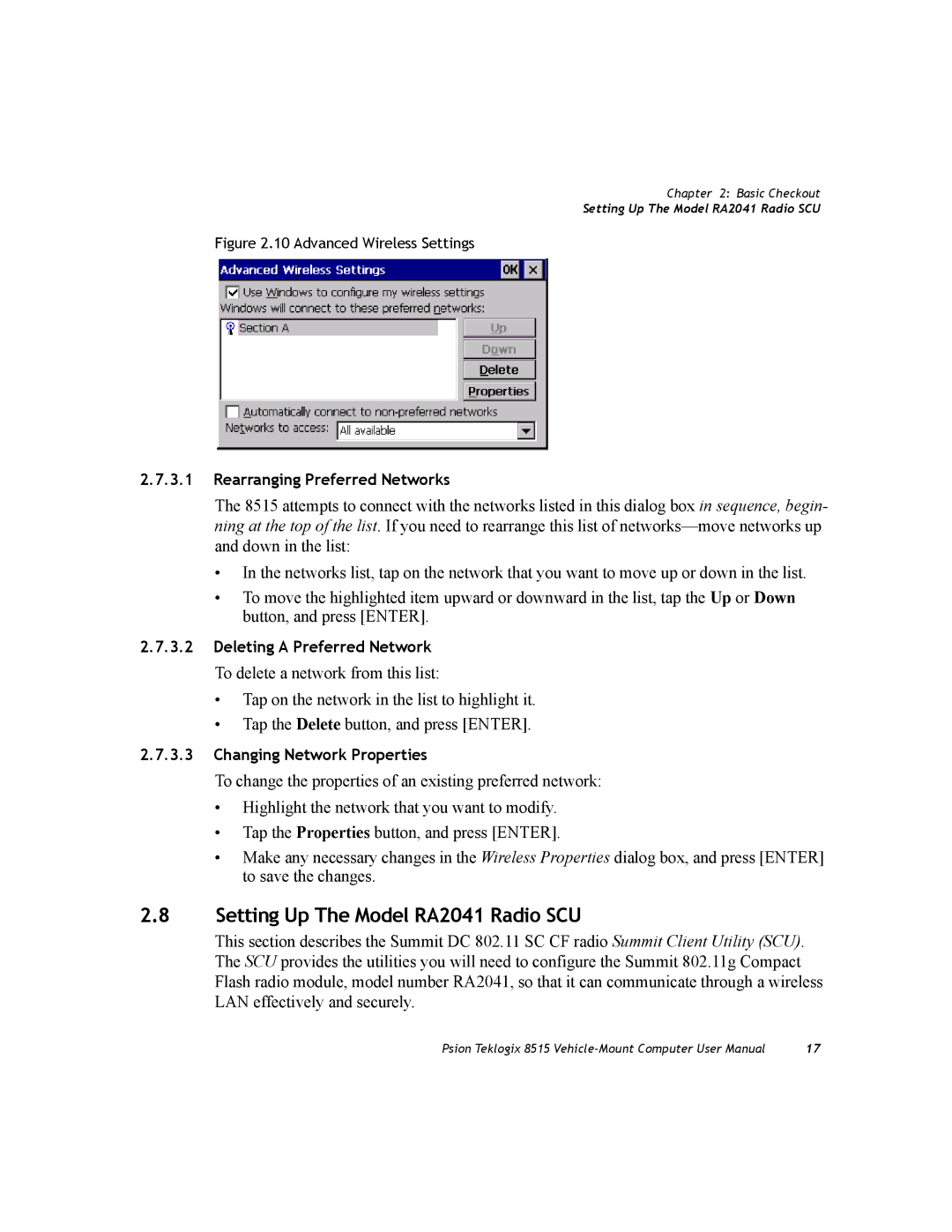 Psion Teklogix 8515 user manual Setting Up The Model RA2041 Radio SCU, Advanced Wireless Settings 