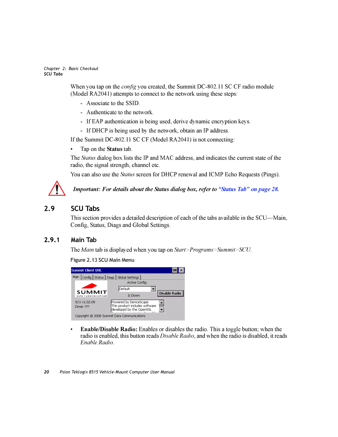 Psion Teklogix 8515 user manual SCU Tabs, Main Tab 