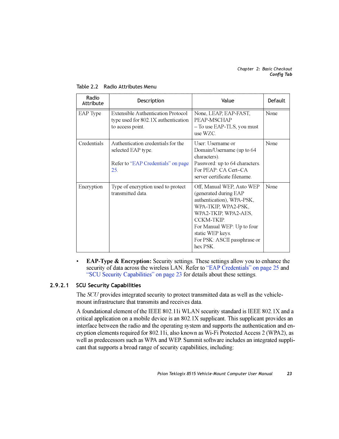 Psion Teklogix 8515 user manual SCU Security Capabilities 