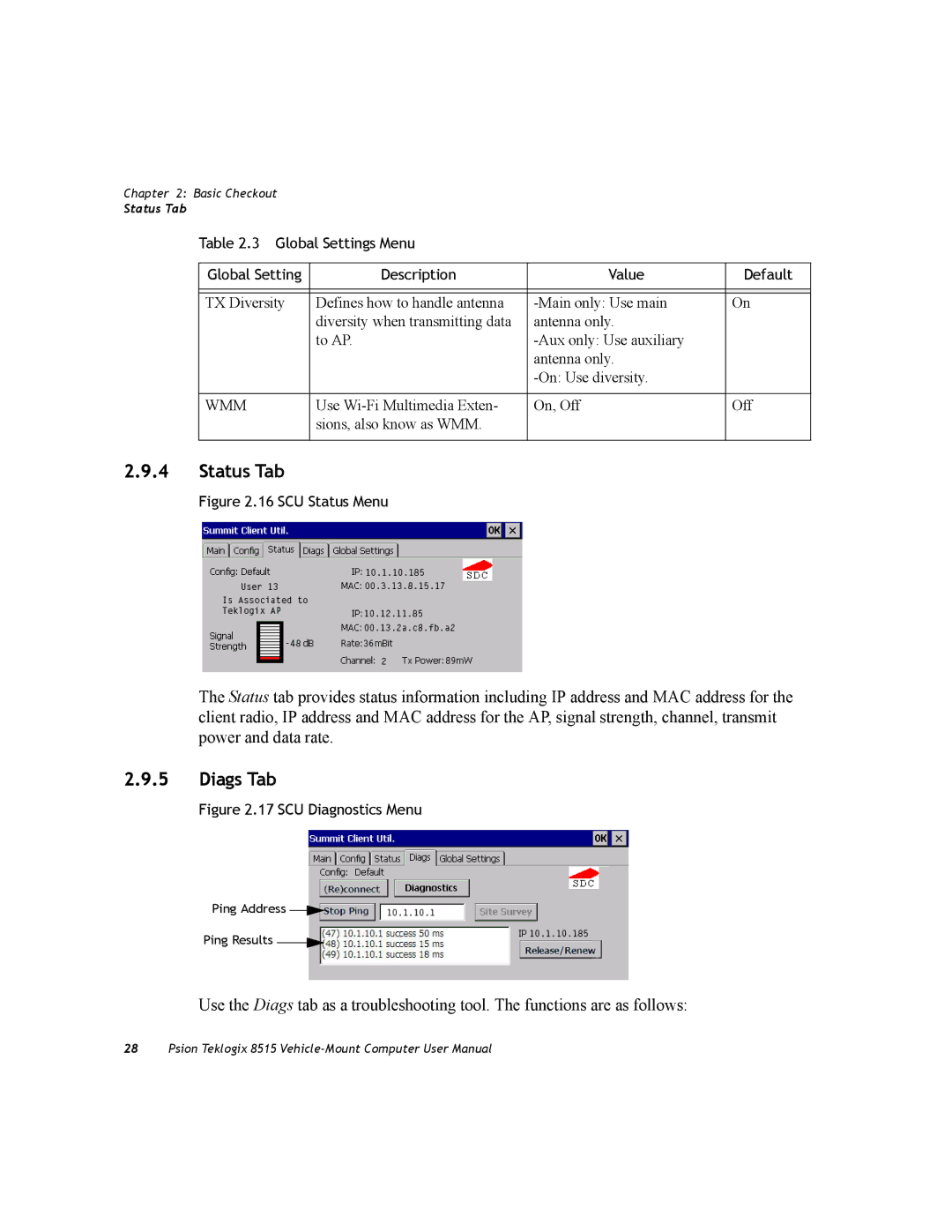 Psion Teklogix 8515 user manual Status Tab, Diags Tab 