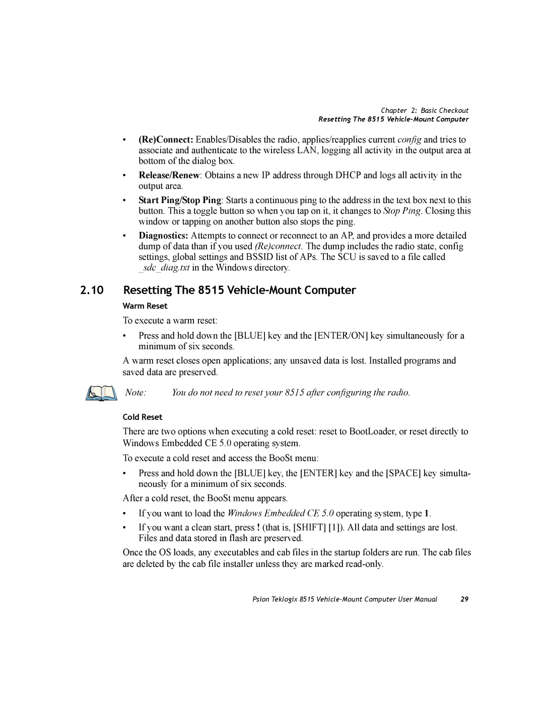 Psion Teklogix user manual Resetting The 8515 Vehicle-Mount Computer 