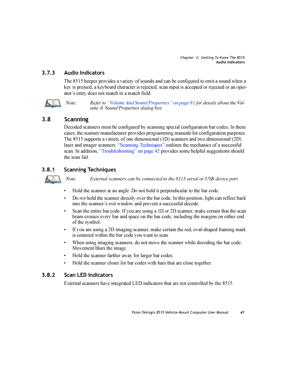 Psion Teklogix 8515 user manual Audio Indicators, Scanning Techniques, Scan LED Indicators 